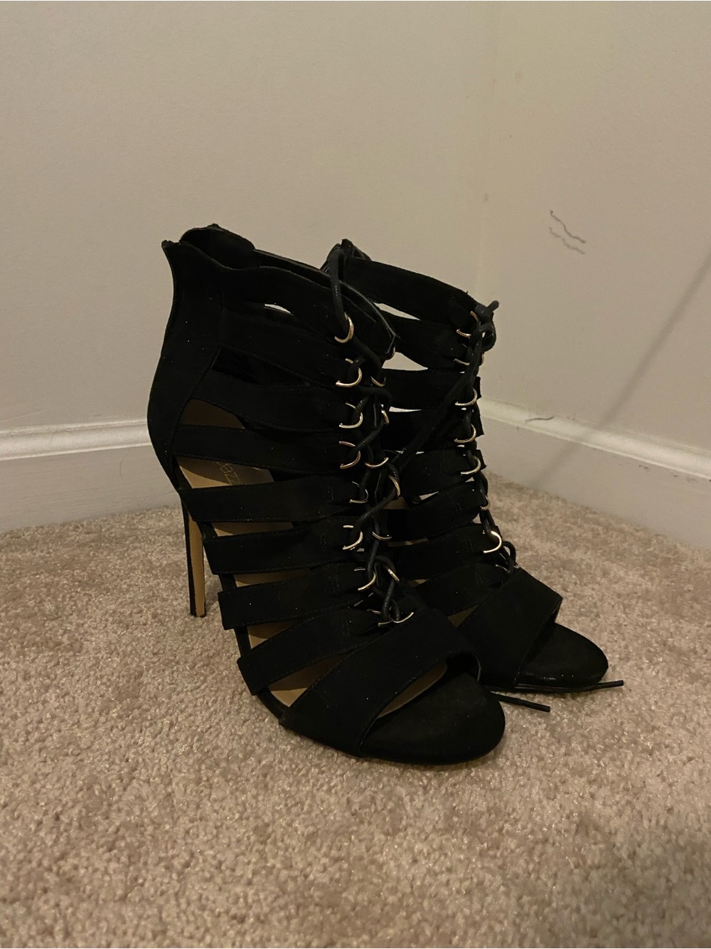 Shoe Dazzle Black Strappy Lace-Up Stiletto Heels